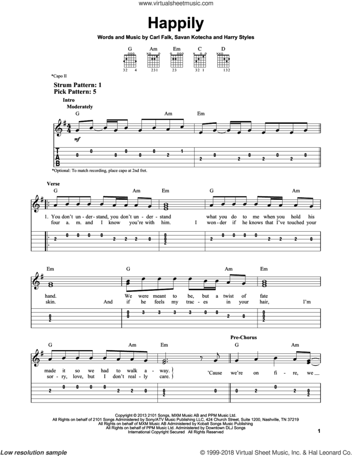 Happily sheet music for guitar solo (easy tablature) by One Direction, Carl Falk, Harry Styles and Savan Kotecha, easy guitar (easy tablature)