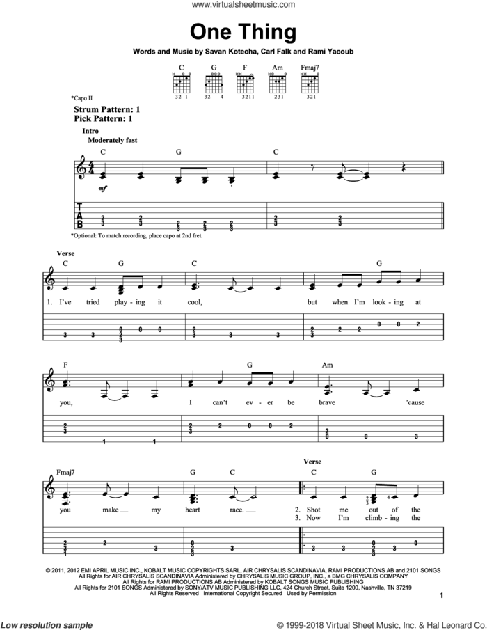 One Thing sheet music for guitar solo (easy tablature) by One Direction, Carl Falk, Rami and Savan Kotecha, easy guitar (easy tablature)