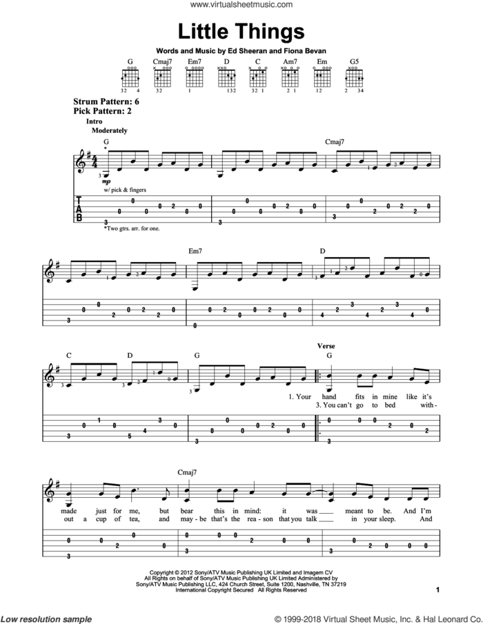 Little Things sheet music for guitar solo (easy tablature) by One Direction, Ed Sheeran and Fiona Bevan, easy guitar (easy tablature)