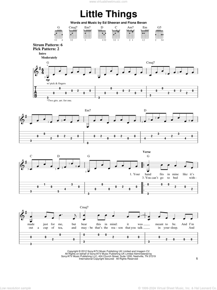 Little Things sheet music for guitar solo (easy tablature) by One Direction, Ed Sheeran and Fiona Bevan, easy guitar (easy tablature)