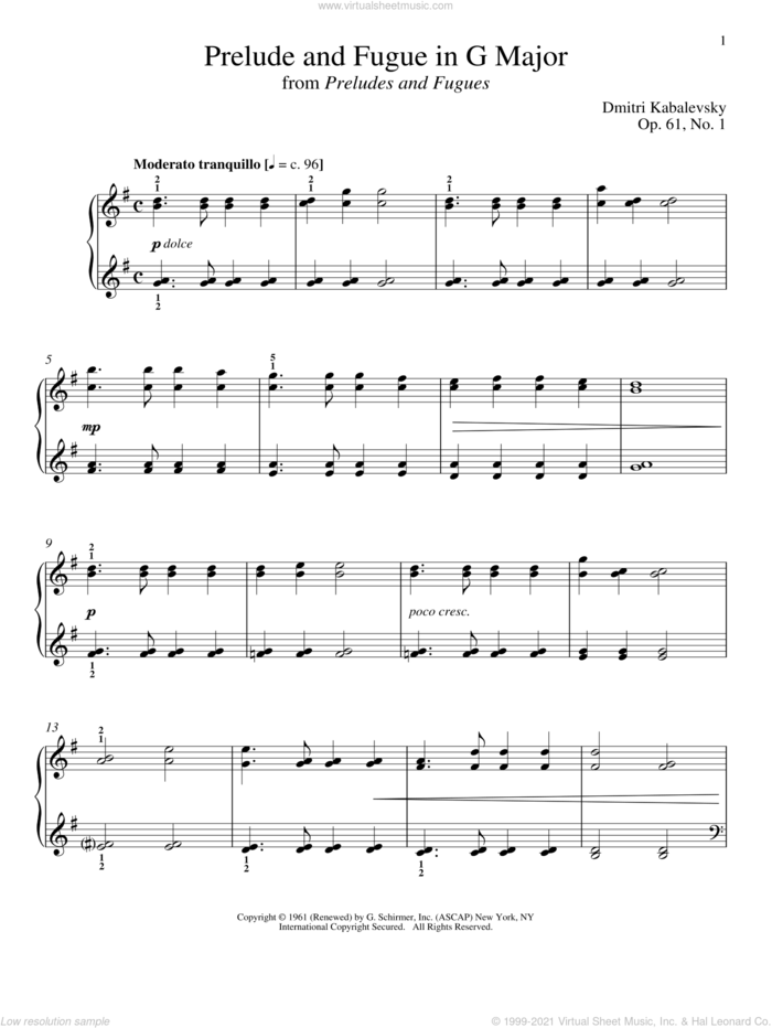 Prelude And Fugue In G Major sheet music for piano solo by Dmitri Kabalevsky and Richard Walters, classical score, intermediate skill level