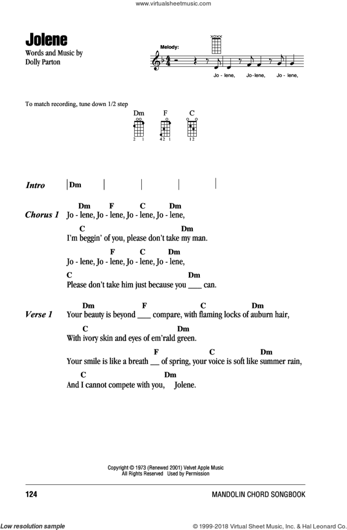 Jolene sheet music for mandolin (chords only) by Dolly Parton, intermediate skill level