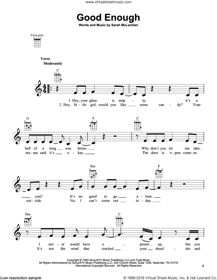 Good Enough sheet music for ukulele by Sarah McLachlan, intermediate skill level