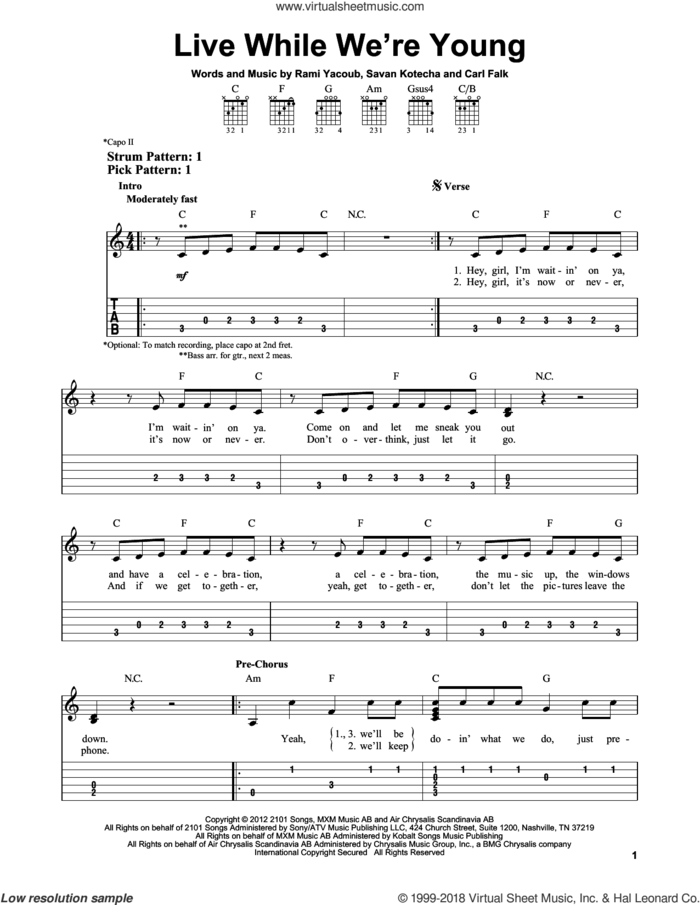 Live While We're Young sheet music for guitar solo (easy tablature) by One Direction, Carl Falk, Rami and Savan Kotecha, easy guitar (easy tablature)