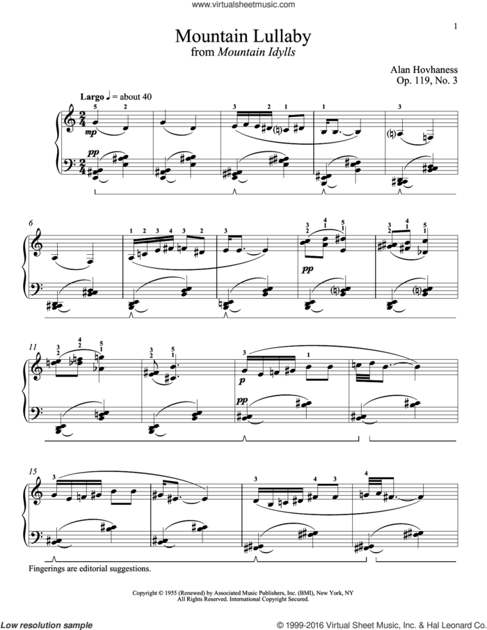 Mountain Lullaby sheet music for piano solo by Alan Hovhaness and Richard Walters, classical score, intermediate skill level