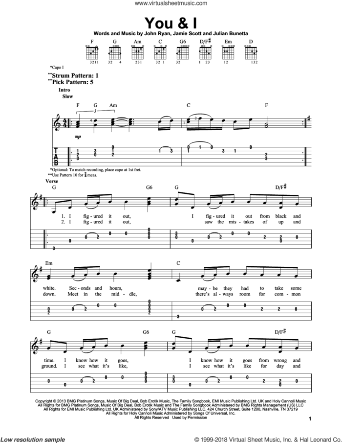 You and I sheet music for guitar solo (easy tablature) by One Direction, Jamie Scott, John Ryan and Julian Bunetta, easy guitar (easy tablature)