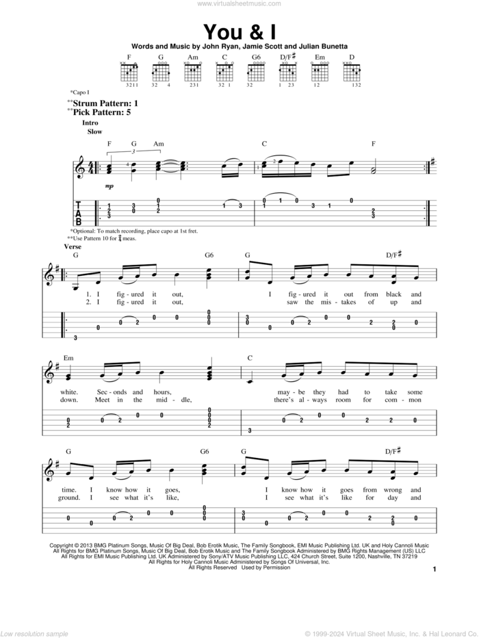 You and I sheet music for guitar solo (easy tablature) by One Direction, Jamie Scott, John Ryan and Julian Bunetta, easy guitar (easy tablature)