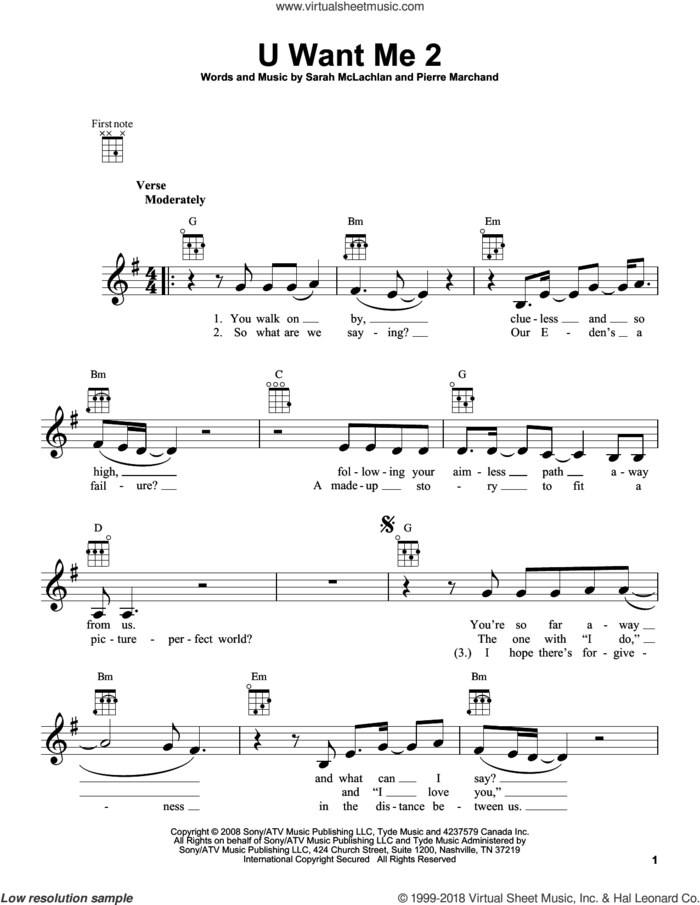 U Want Me 2 sheet music for ukulele by Sarah McLachlan and Pierre Marchand, intermediate skill level