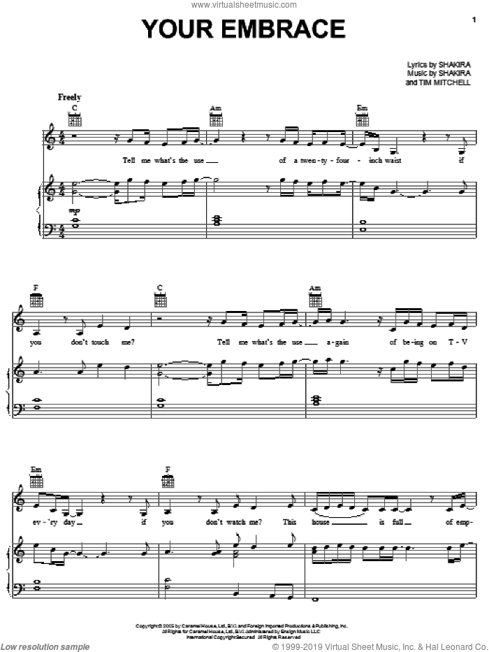 Your Embrace sheet music for voice, piano or guitar by Shakira and Tim Mitchell, intermediate skill level
