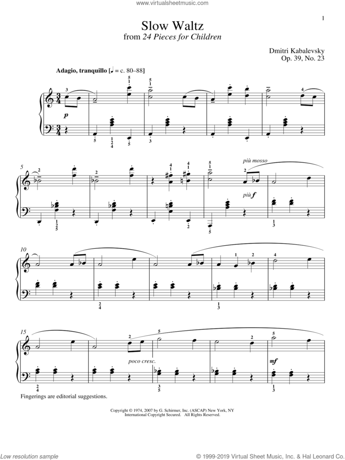 Slow Waltz sheet music for piano solo by Dmitri Kabalevsky and Richard Walters, classical score, intermediate skill level