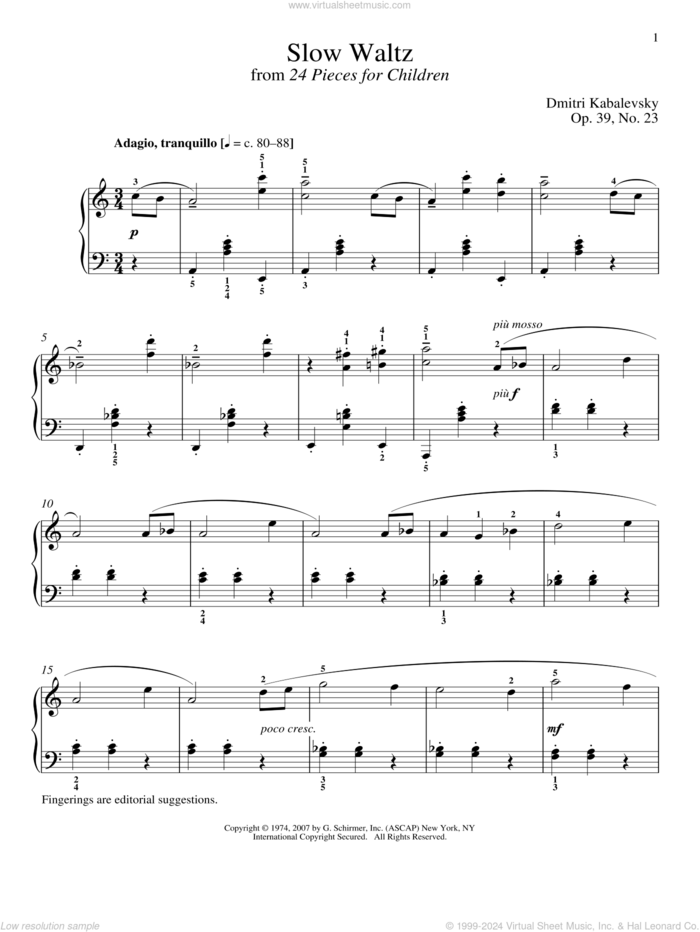 Slow Waltz sheet music for piano solo by Dmitri Kabalevsky and Richard Walters, classical score, intermediate skill level