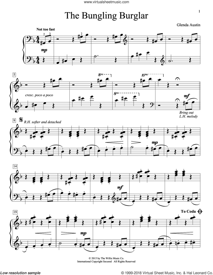 The Bungling Burglar sheet music for piano solo (elementary) by Glenda Austin, beginner piano (elementary)