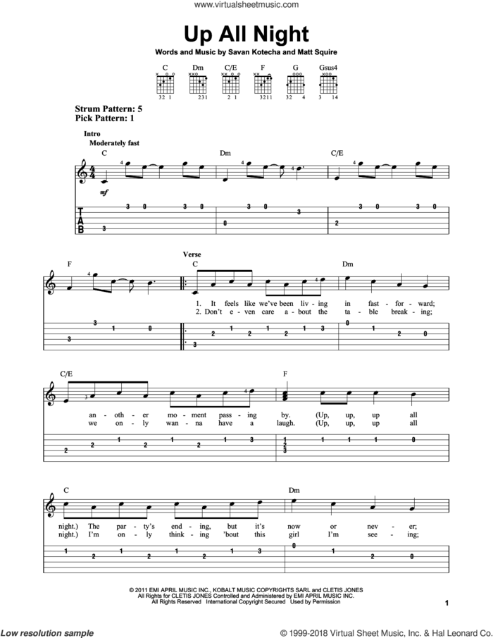 Up All Night sheet music for guitar solo (easy tablature) by One Direction, Matt Squire and Savan Kotecha, easy guitar (easy tablature)