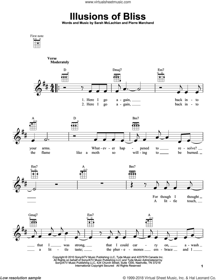 Illusions Of Bliss sheet music for ukulele by Sarah McLachlan and Pierre Marchand, intermediate skill level