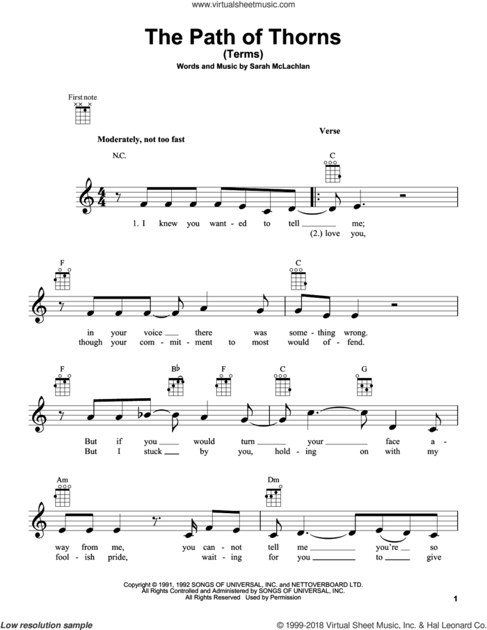 The Path Of Thorns (Terms) sheet music for ukulele by Sarah McLachlan, intermediate skill level