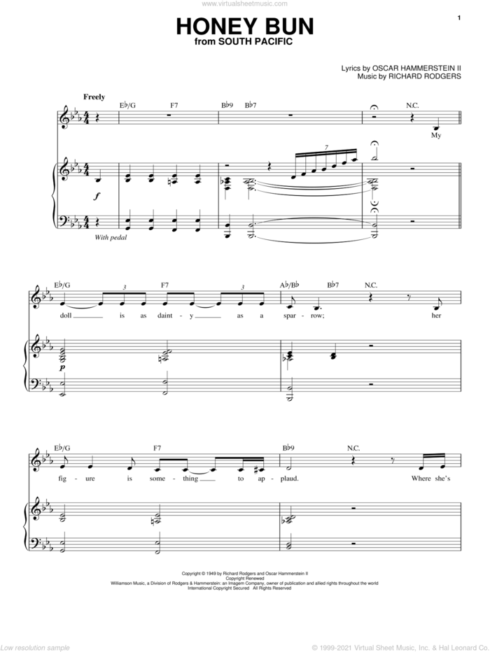 Honey Bun sheet music for voice and piano by Rodgers & Hammerstein, Oscar II Hammerstein and Richard Rodgers, intermediate skill level
