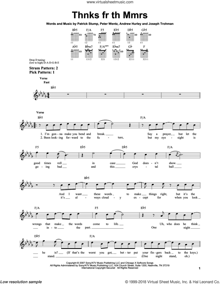 Thnks Fr Th Mmrs sheet music for guitar solo (chords) by Fall Out Boy, Andrew Hurley, Joseph Trohman, Patrick Stump and Peter Wentz, easy guitar (chords)