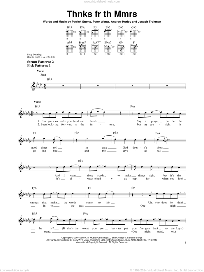 Thnks Fr Th Mmrs sheet music for guitar solo (chords) by Fall Out Boy, Andrew Hurley, Joseph Trohman, Patrick Stump and Peter Wentz, easy guitar (chords)