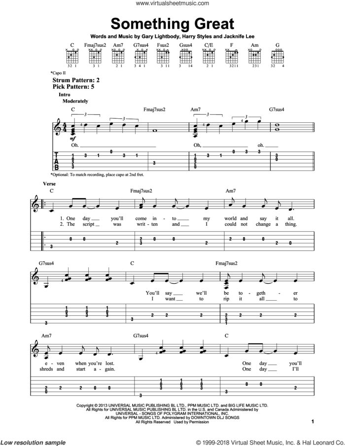Something Great sheet music for guitar solo (easy tablature) by One Direction and Jacknife Lee, easy guitar (easy tablature)