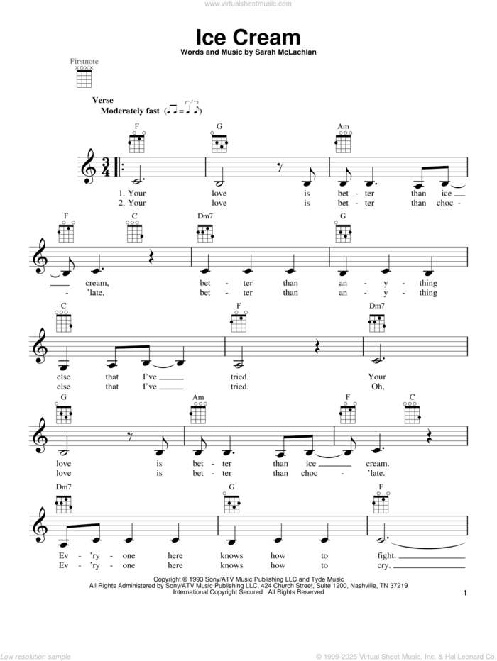 Ice Cream sheet music for ukulele by Sarah McLachlan, intermediate skill level