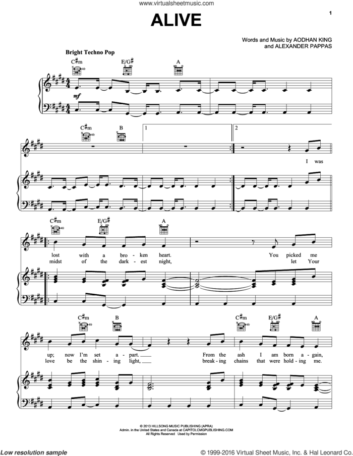 Alive sheet music for voice, piano or guitar by Aodhan King and Alexander Pappas, intermediate skill level