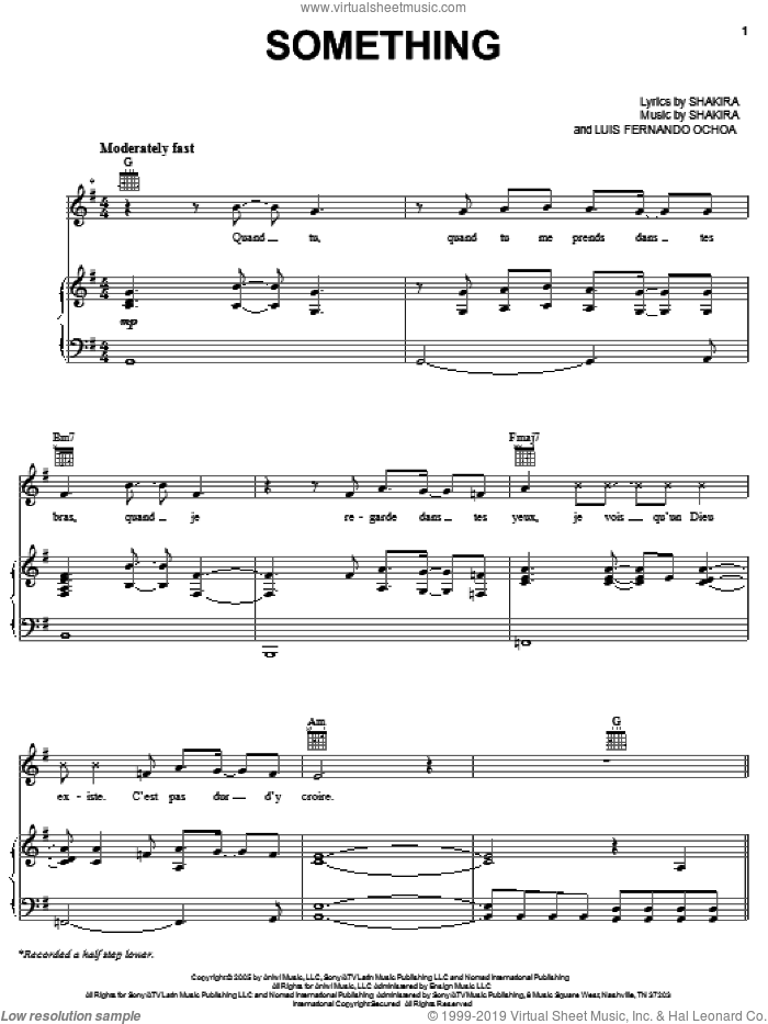 Something sheet music for voice, piano or guitar by Shakira and Luis Fernando Ochoa, intermediate skill level