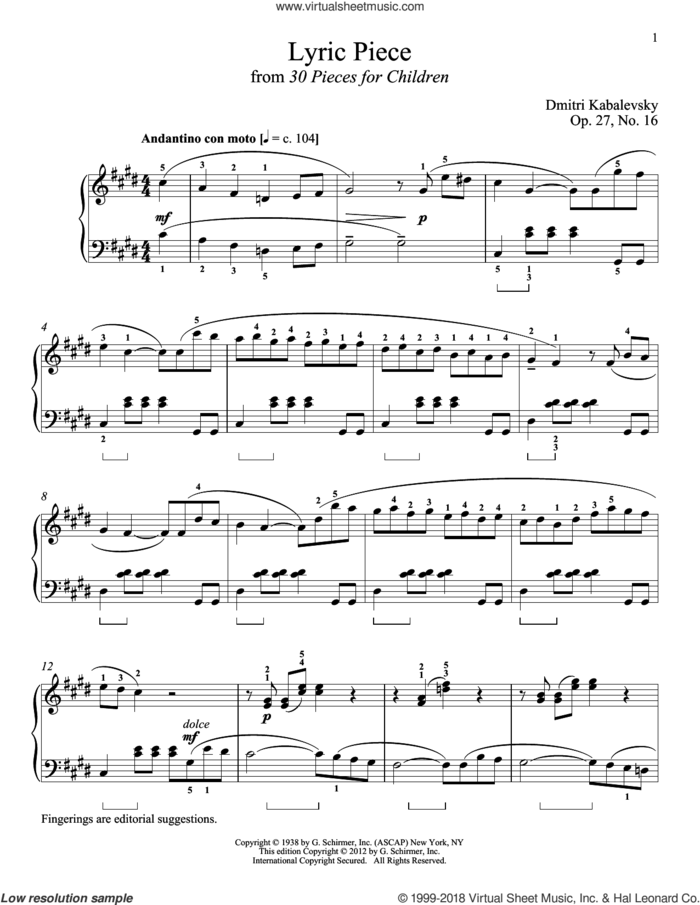Lyric Piece sheet music for piano solo by Dmitri Kabalevsky, Richard Walters, Jeffrey Biegel and Margaret Otwell, classical score, intermediate skill level