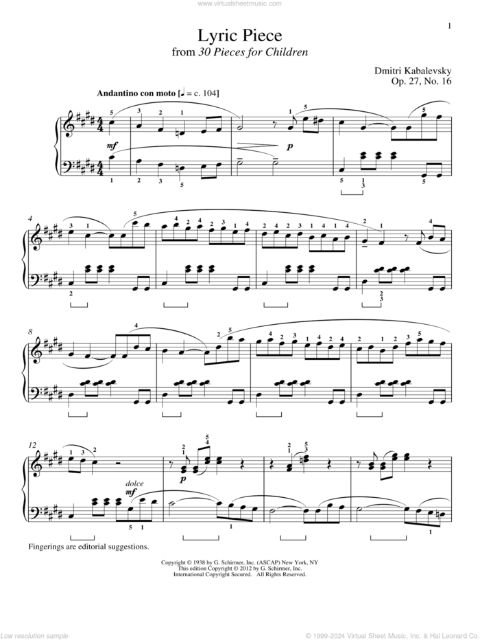 Lyric Piece sheet music for piano solo by Dmitri Kabalevsky, Richard Walters, Jeffrey Biegel and Margaret Otwell, classical score, intermediate skill level