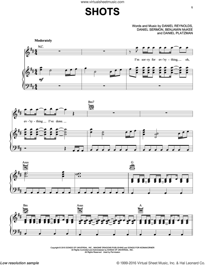 Shots sheet music for voice, piano or guitar by Imagine Dragons, Benjamin McKee, Daniel Platzman, Daniel Reynolds and Daniel Sermon, intermediate skill level
