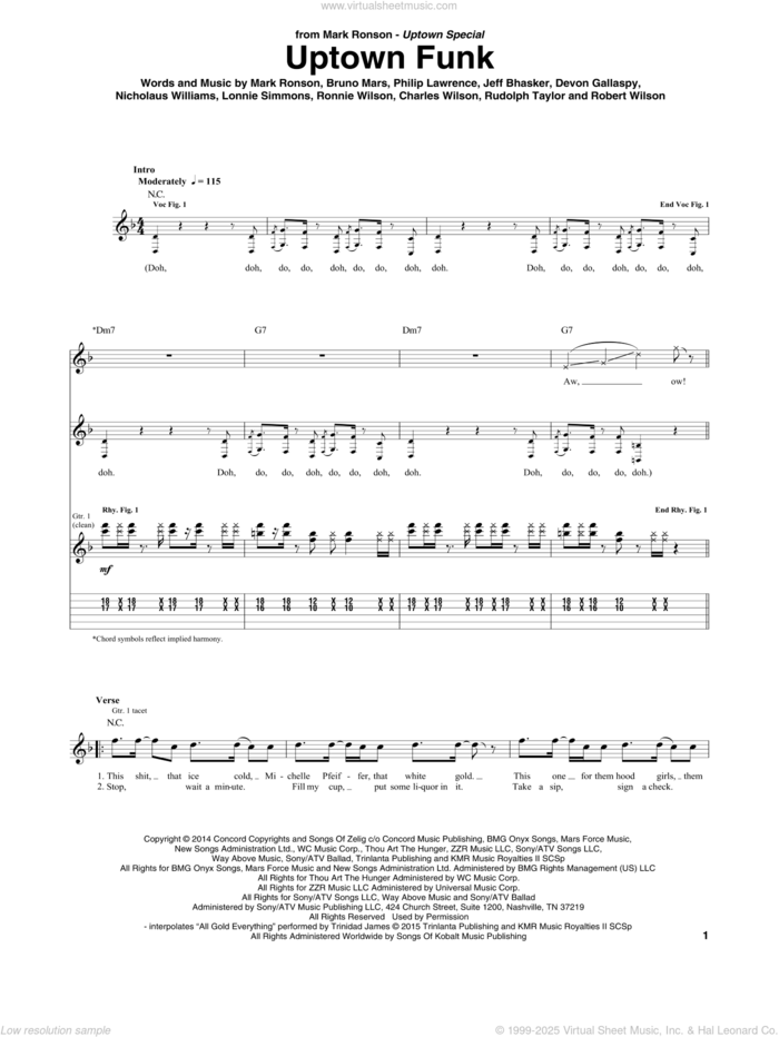 Uptown Funk (feat. Bruno Mars) sheet music for guitar (tablature) by Mark Ronson, Mark Ronson ft. Bruno Mars, Bruno Mars, Devon Gallaspy, Jeff Bhasker, Nicholaus Williams and Philip Lawrence, intermediate skill level