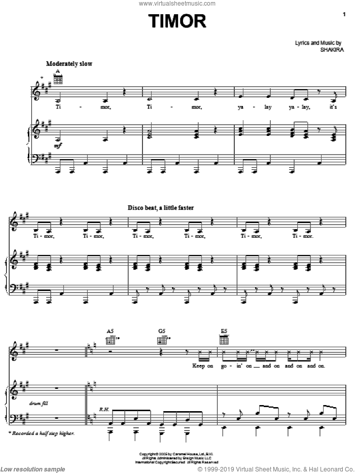 Timor sheet music for voice, piano or guitar by Shakira, intermediate skill level