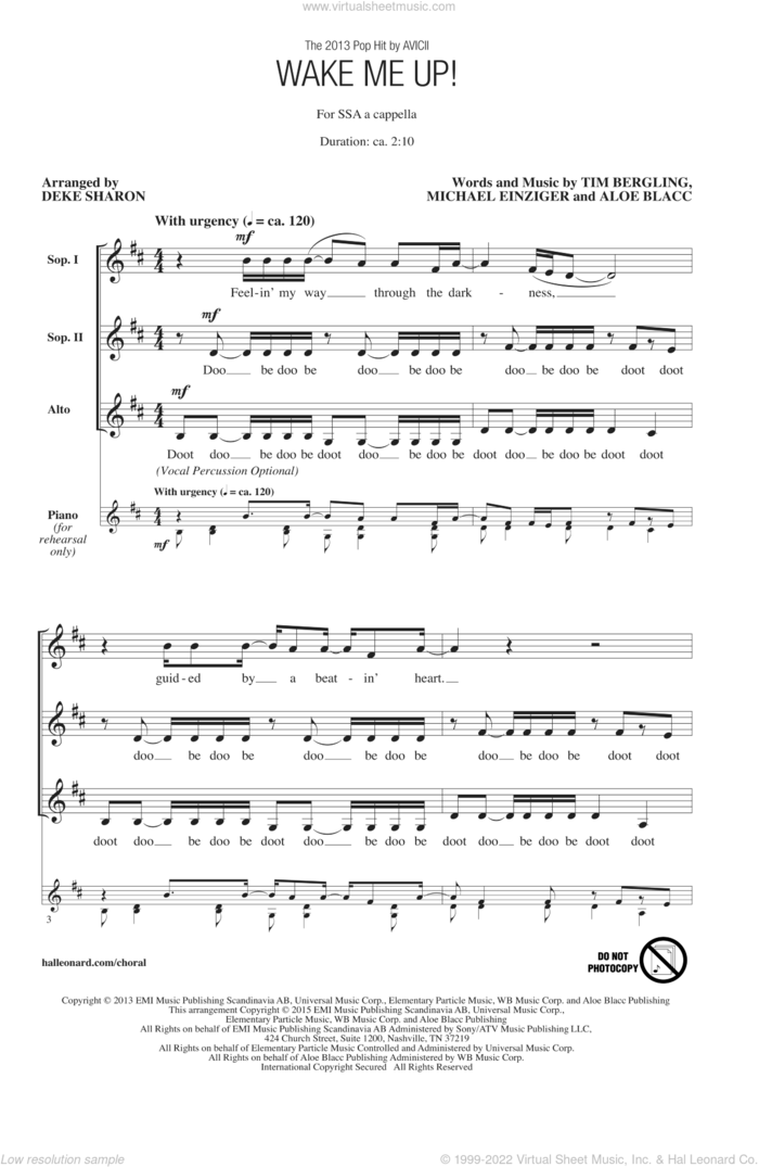 Wake Me Up! (arr. Deke Sharon) sheet music for choir (SSA: soprano, alto) by Aloe Blacc, Deke Sharon, Avicii, Michael Einziger and Tim Bergling, intermediate skill level