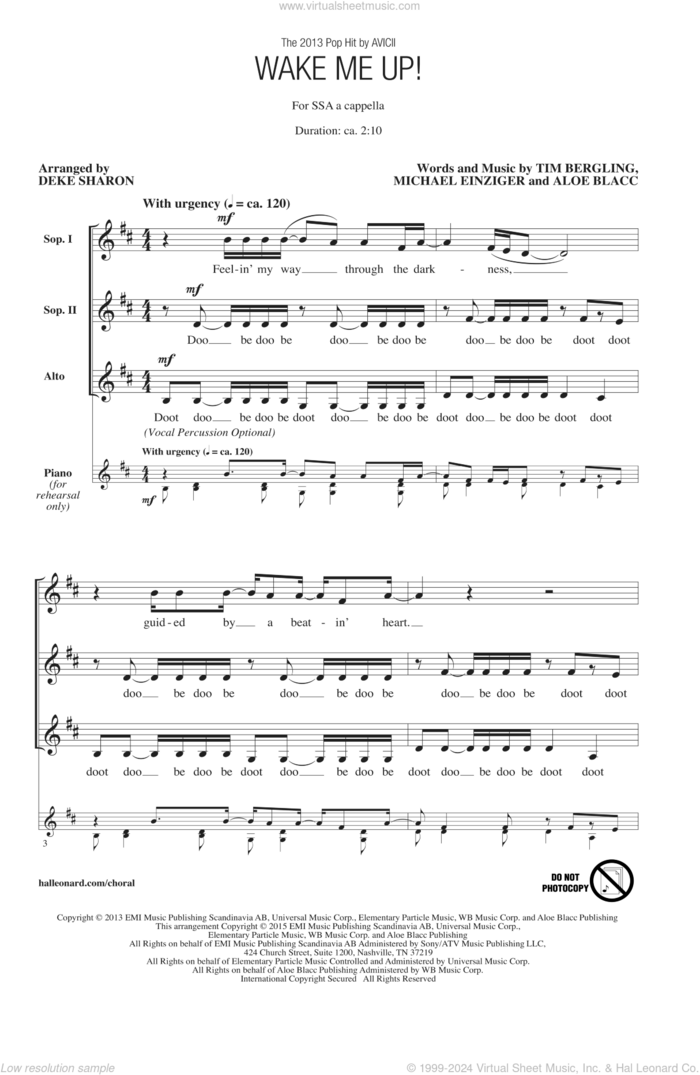 Wake Me Up! (arr. Deke Sharon) sheet music for choir (SSA: soprano, alto) by Aloe Blacc, Deke Sharon, Avicii, Michael Einziger and Tim Bergling, intermediate skill level