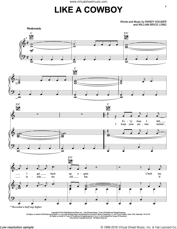Like A Cowboy sheet music for voice, piano or guitar by Randy Houser and William Brice Long, intermediate skill level