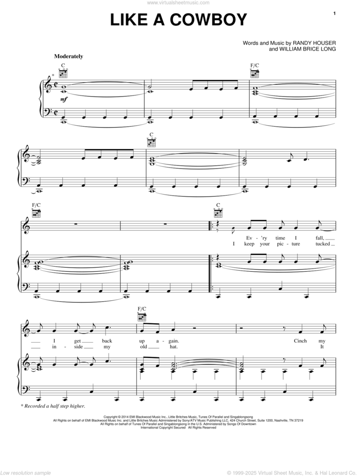 Like A Cowboy sheet music for voice, piano or guitar by Randy Houser and William Brice Long, intermediate skill level