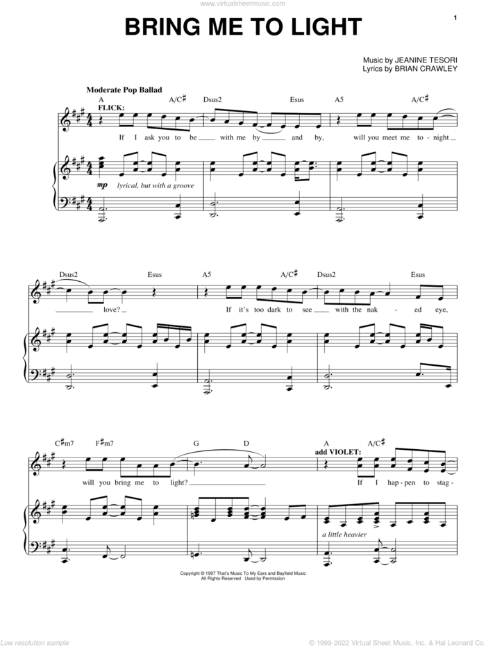 Bring Me To Light sheet music for voice and piano by Jeanine Tesori and Brian Crawley, intermediate skill level