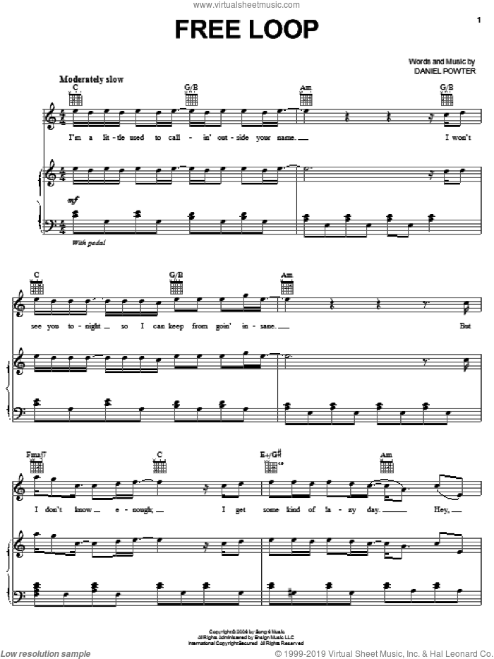 Free Loop sheet music for voice, piano or guitar by Daniel Powter, intermediate skill level