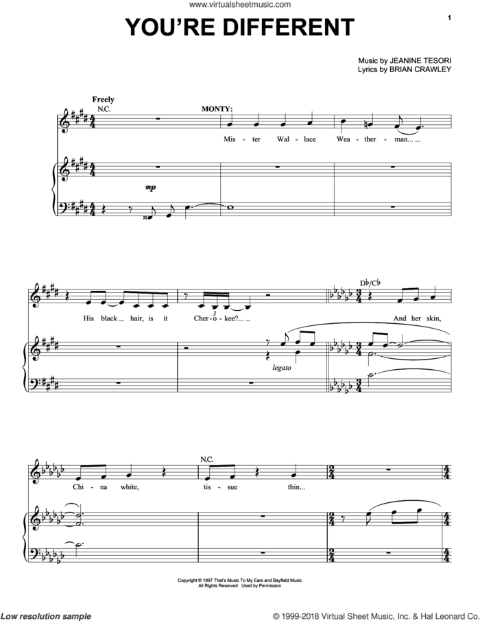 You're Different sheet music for voice and piano by Jeanine Tesori and Brian Crawley, intermediate skill level