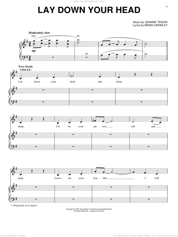 Lay Down Your Head sheet music for voice and piano by Jeanine Tesori, Audra McDonald and Brian Crawley, intermediate skill level