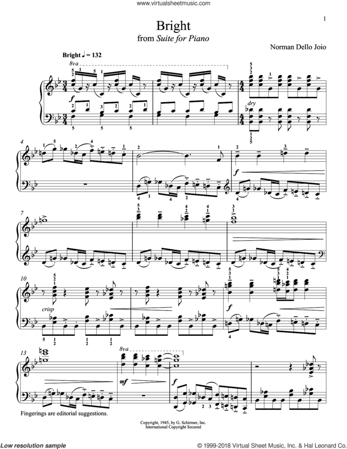 Bright sheet music for piano solo by Norman Dello Joio and Richard Walters, classical score, intermediate skill level