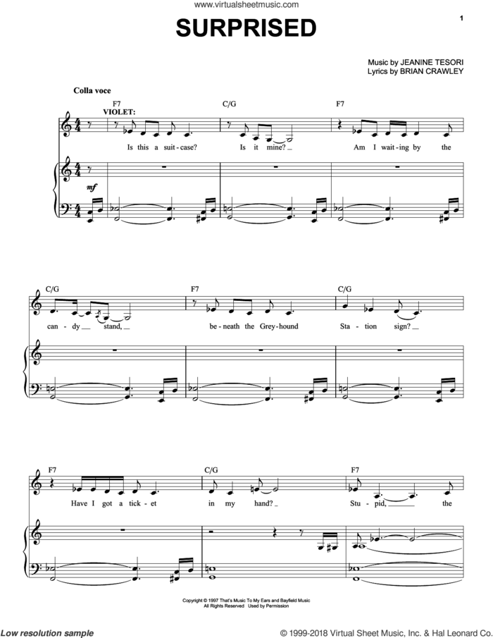 Surprised sheet music for voice and piano by Jeanine Tesori and Brian Crawley, intermediate skill level