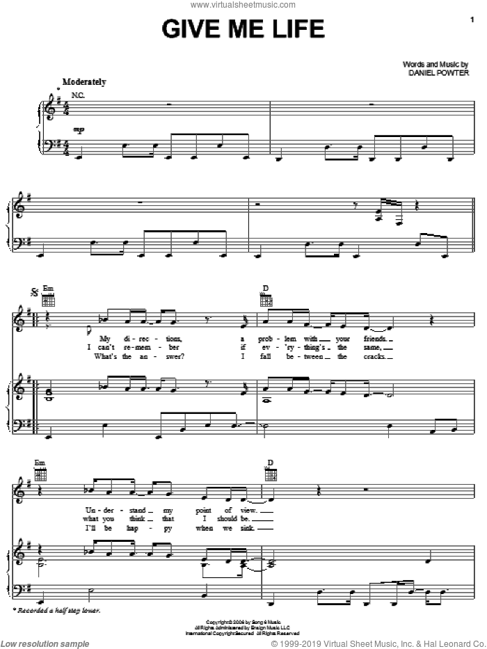 Give Me Life sheet music for voice, piano or guitar by Daniel Powter, intermediate skill level