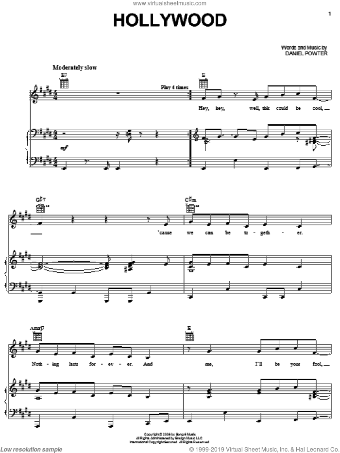 Hollywood sheet music for voice, piano or guitar by Daniel Powter, intermediate skill level