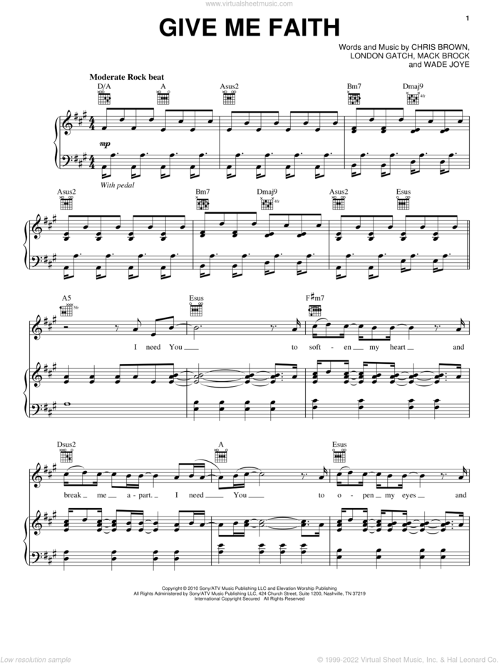 Give Me Faith sheet music for voice, piano or guitar by Elevation Worship, Chris Brown, London Gatch, Mack Brock and Wade Joye, intermediate skill level