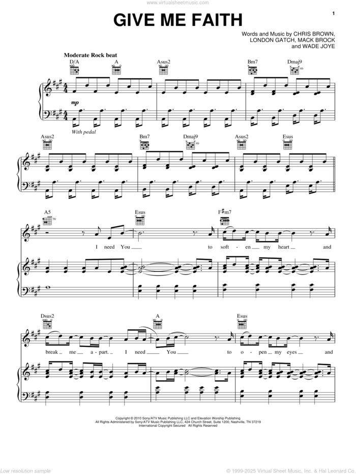 Give Me Faith sheet music for voice, piano or guitar by Elevation Worship, Chris Brown, London Gatch, Mack Brock and Wade Joye, intermediate skill level