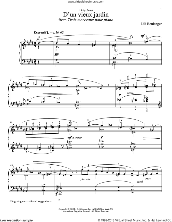 D'un Vieux Jardin sheet music for piano solo by Lili Boulanger and Richard Walters, classical score, intermediate skill level
