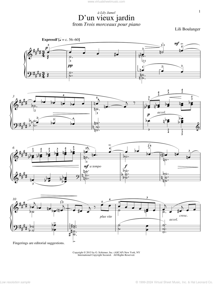 D'un Vieux Jardin sheet music for piano solo by Lili Boulanger and Richard Walters, classical score, intermediate skill level