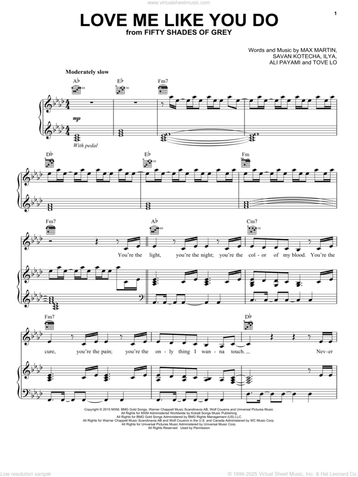 Love Me Like You Do sheet music for voice, piano or guitar by Ellie Goulding, Ali Payami, Ilya, Max Martin, Savan Kotech and Tove Nilsson, intermediate skill level