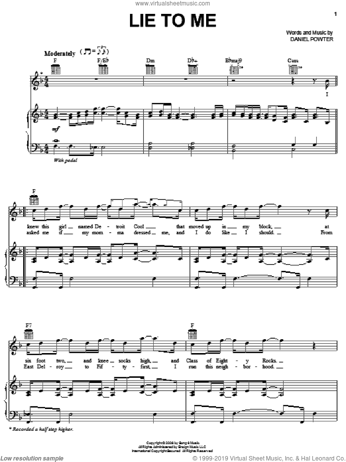 Lie To Me sheet music for voice, piano or guitar by Daniel Powter, intermediate skill level
