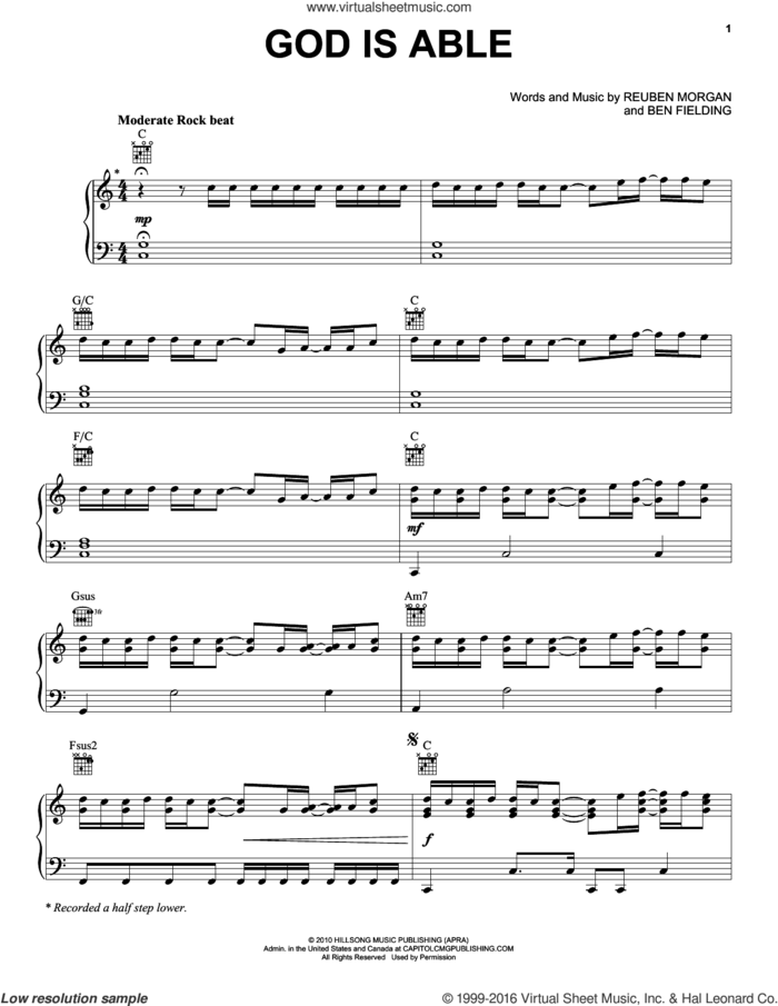 God Is Able sheet music for voice, piano or guitar by Hillsong United, Ben Fielding and Reuben Morgan, intermediate skill level